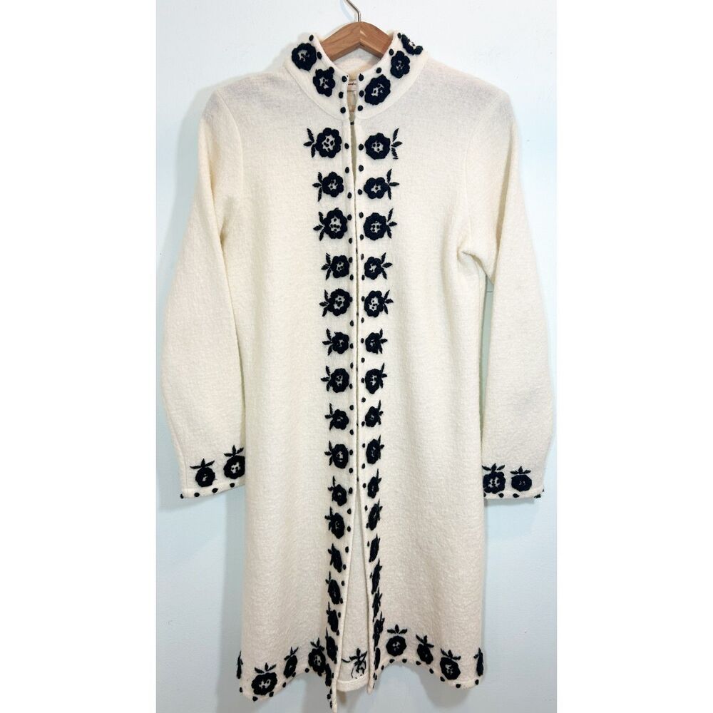Cambridge Dry Goods 100% Wool Long Cardigan Size PM Off-White Black Embroidered